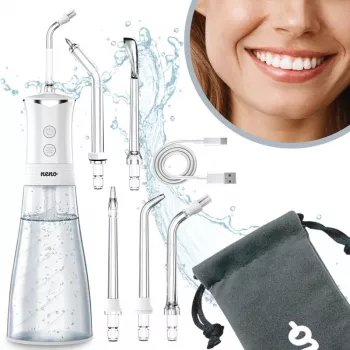 NENO Pulsar White kaasaskantav hambairrigaator 300 ml paagiga, 3 rõhurežiimi, USB-C laadimisega, IPX7 veekindel, 4 otsikut