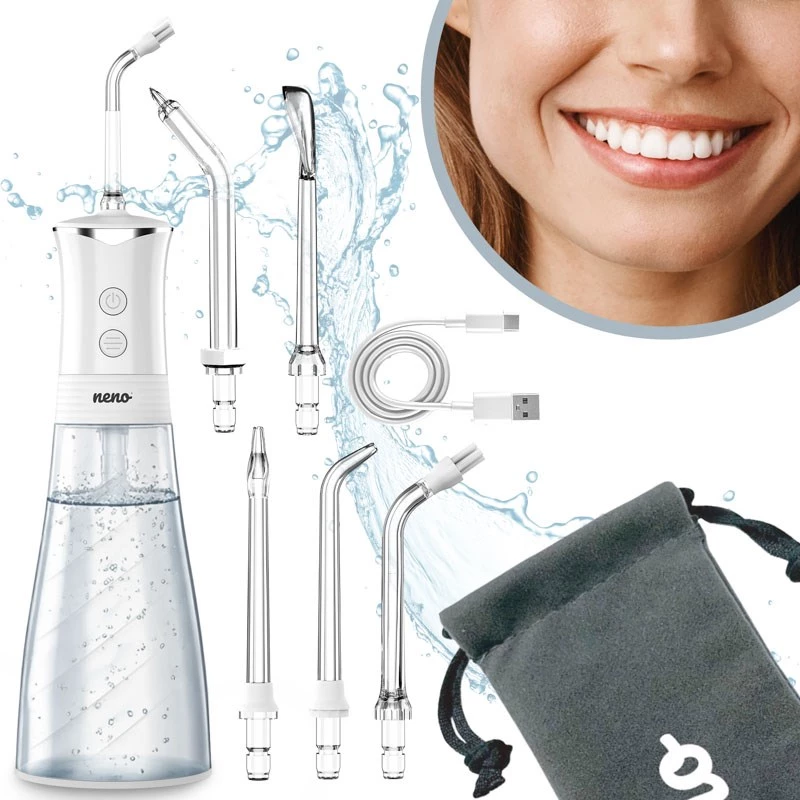 NENO Pulsar White kaasaskantav hambairrigaator 300 ml paagiga, 3 rõhurežiimi, USB-C laadimisega, IPX7 veekindel, 4 otsikut