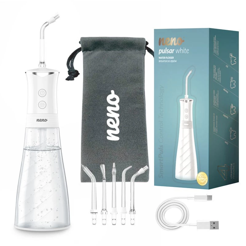 NENO Pulsar White kaasaskantav hambairrigaator 300 ml paagiga, 3 rõhurežiimi, USB-C laadimisega, IPX7 veekindel, 4 otsikut