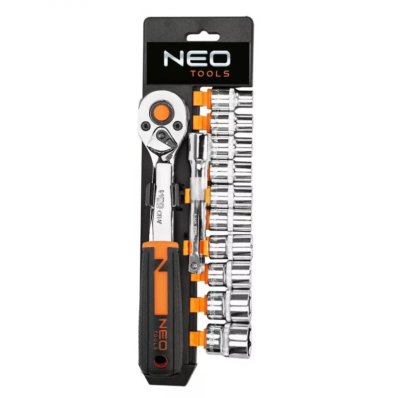 NEO Tools 10-020 219-osaline kroomvanaadiumist pistikukomplekt 1/4 inch, 3/8 inch, 1/2 inch ajamite, pöördmutrivõtmete, otsikute, mutrivõtmete ja kuuskantvõtmetega