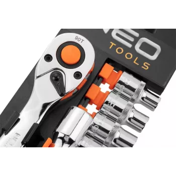 NEO Tools 10-030 219-osaline 1/4 tolli, 3/8 tolli, 1/2 tolli pesa- ja mutrivõtmete komplekt rihvelvõtmete, otsikute ja tarvikutega plastkohvris