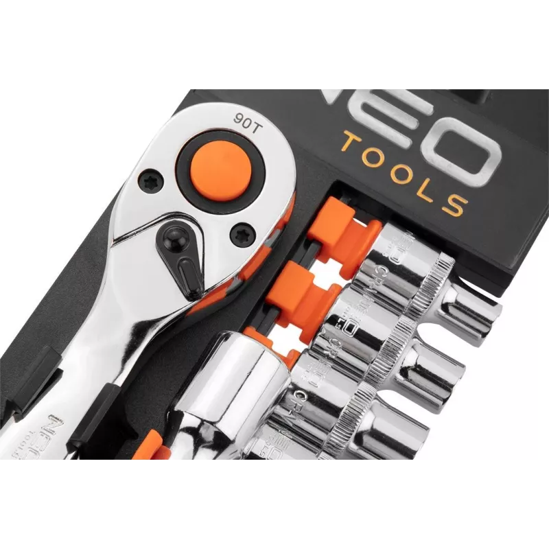NEO Tools 10-030 219-osaline 1/4 tolli, 3/8 tolli, 1/2 tolli pesa- ja mutrivõtmete komplekt rihvelvõtmete, otsikute ja tarvikutega plastkohvris