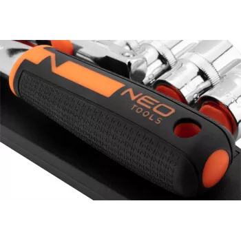 NEO Tools 10-030 219-osaline 1/4 tolli, 3/8 tolli, 1/2 tolli pesa- ja mutrivõtmete komplekt rihvelvõtmete, otsikute ja tarvikutega plastkohvris