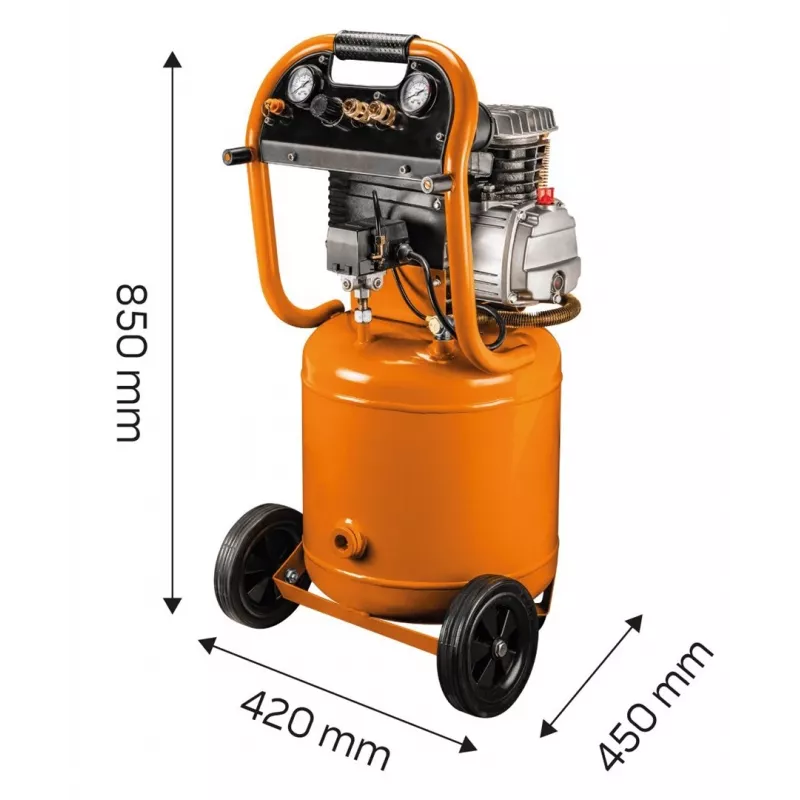 NEO TOOLS 12K010 Vertikaalne õliga määritud õhukompressor, 40 L paak, 230 V, 1,5 kW, 8 bar, 206 L/min imemine, rataste ja käepidemega