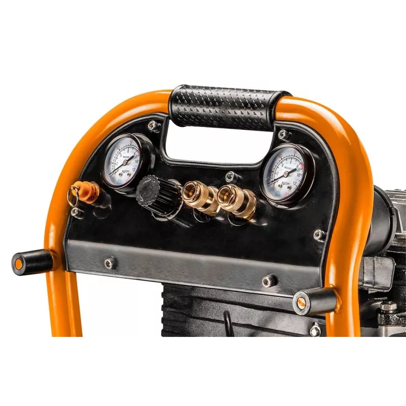 NEO TOOLS 12K010 Vertikaalne õliga määritud õhukompressor, 40 L paak, 230 V, 1,5 kW, 8 bar, 206 L/min imemine, rataste ja käepidemega