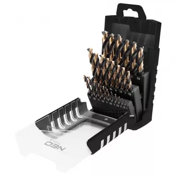 NEO TOOLS 25-osaline HSS-CNC metallipuuriterade komplekt, 124° punktinurk, Pro-Tec, 1.0–13.0 mm