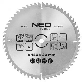 NEO TOOLS 450 mm TCT ketassaetera, 60 hammast, 30 mm ava, puidule