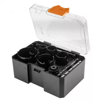 NEO TOOLS 57-923 Karbiidist hammastega augusaagide komplekt, 11 tk (20–64 mm), 2 varre ja kohvriga