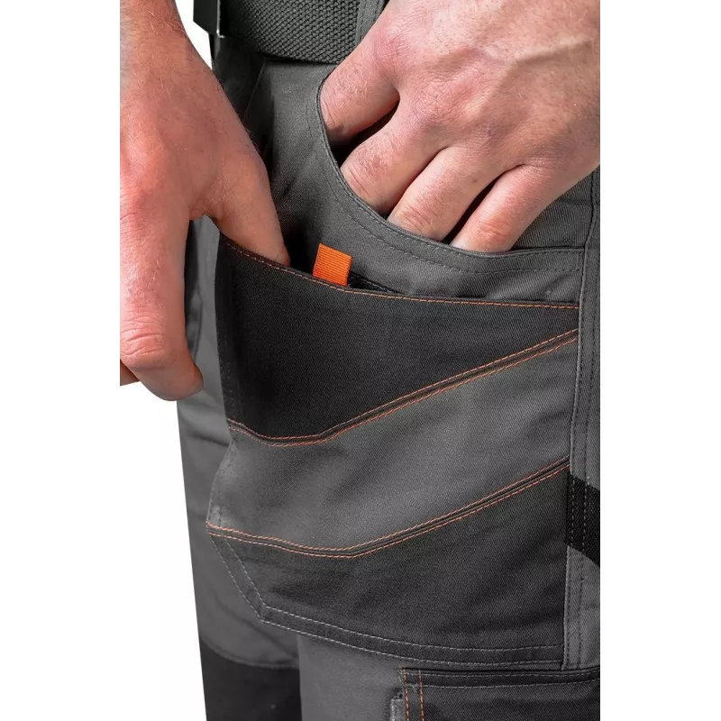 NEO TOOLS 81-325-S Kaitsetööpüksid, suurus S, hall oranžide aktsentidega, 65% polüester 35% puuvill, 245 g/m², 9 taskut, põlvekaitsmete taskud, EN ISO 13688:2013