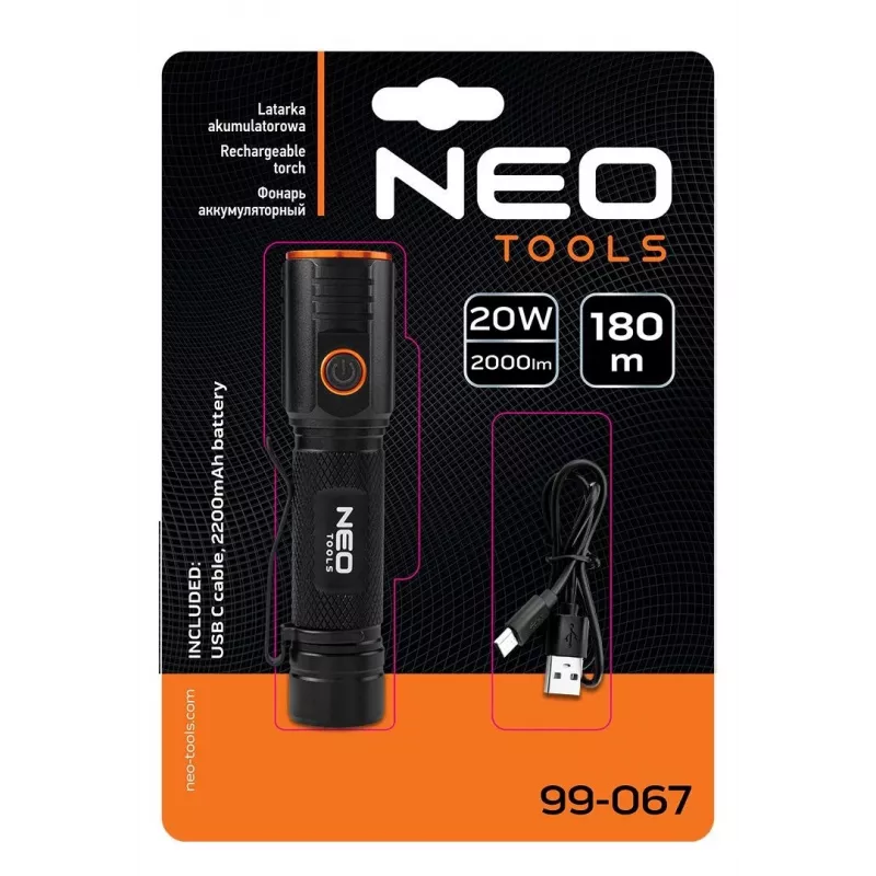 NEO TOOLS USB C 2000 lm CHN LED Laetav taskulamp