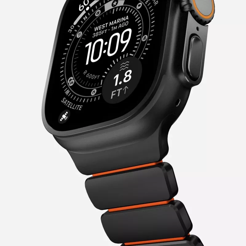 NOMAD Stratos Band - Titaanist käevõru Apple Watch 49mm jaoks FKM-iga (Must titaan, Ultra Orange FKM)