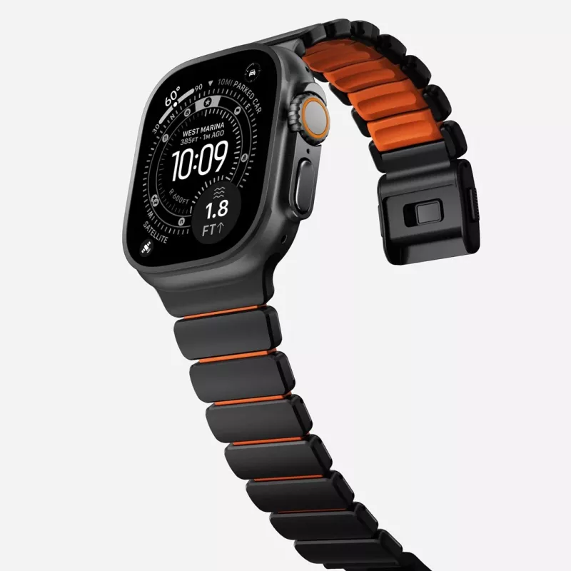NOMAD Stratos Band - Titaanist käevõru Apple Watch 49mm jaoks FKM-iga (Must titaan, Ultra Orange FKM)