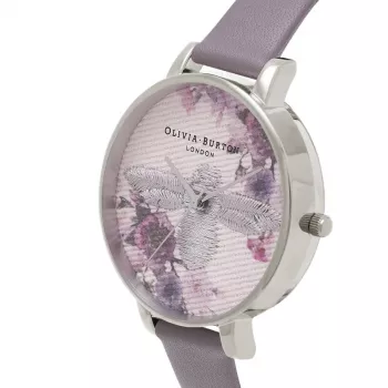 Olivia Burton Enchanted Garden naiste käekell OB16EM05 - 38mm roosakuldne roostevabast terasest korpus, valge lillemustriga sihverplaat, naaritsahall nahast rihm