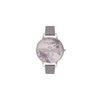 Olivia Burton Enchanted Garden naiste käekell OB16EM05 - 38mm roosakuldne roostevabast terasest korpus, valge lillemustriga sihverplaat, naaritsahall nahast rihm