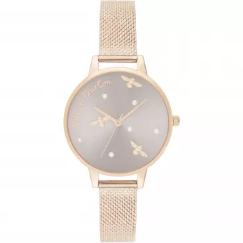 OLIVIA BURTON Naiste Taevane Kell OB16PQ04 - 34mm Roosakuldse tooniga roostevabast terasest korpus, hall nahkrihm, kvarts-analoog