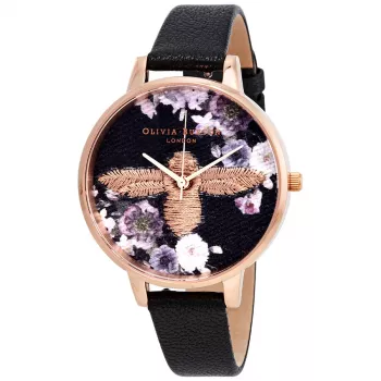 Olivia Burton Naiste Enchanted Garden Kell OB16EM02 - 38mm Roosakuldne Roostevabast Terasest Korpus, Hall Nahkrihm, Hall Sihtnumber Mesilase Motiiviga