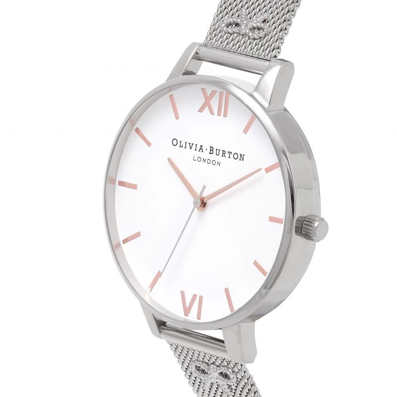 Olivia Burton Naiste Enchanted Garden Kell OB16ES10 - 38mm Roosakuldne Roostevabast Terasest Korp, Valge Lillemustriga Sihverplaat, Hall Nahkrihm