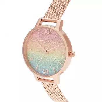 OLIVIA BURTON Naiste Rainbow Bee Kell OB16RB18 - 34mm roostevabast terasest korpus, hall nahkrihm, valge sihverplaadi ja vikerkaaremesilase motiiviga, kvartsliikumine