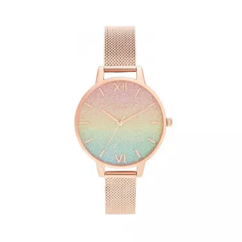 OLIVIA BURTON Naiste Rainbow Bee Kell OB16RB18 - 34mm roostevabast terasest korpus, hall nahkrihm, valge sihverplaadi ja vikerkaaremesilase motiiviga, kvartsliikumine