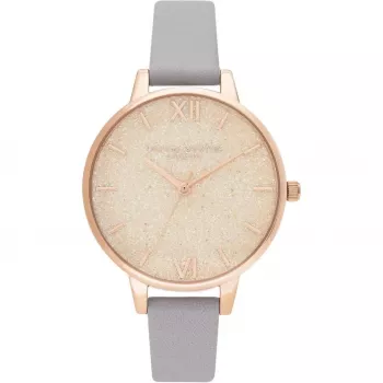 Olivia Burton naiste käekell OB16GD45 34 mm halli sädeleva numbrilaual ja roosakuldse kattega roostevabast terasest korpusel ning nahkrihmaga