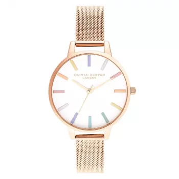 Olivia Burton naiste käekell OB16RB24 34mm hõbedane roostevaba teras valge sihverplaadiga vikerkaaremesilane hall nahk