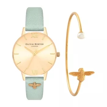 Olivia Burton naiste kell OBGSET116 34mm roosakuldse lillemustriga sihverplaadi ja halli nahkrihmaga ning käevõruga