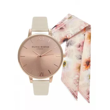 Olivia Burton Women's Watch OBGSET51 30mm Rose Gold Stainless Steel & Grey Leather