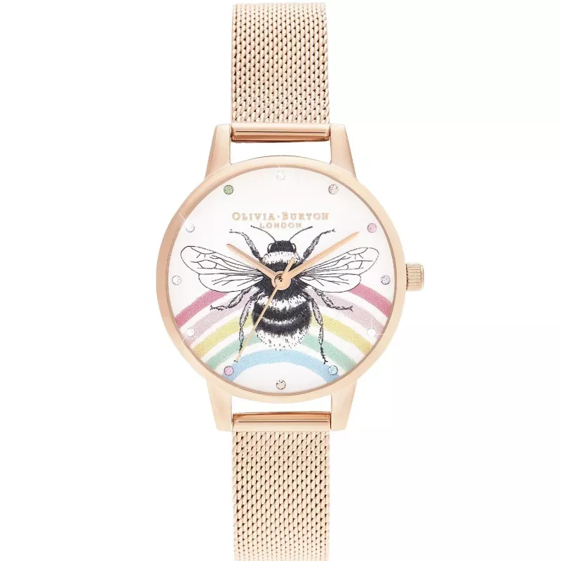 OLIVIA BURTON Naiste Wishing Star kell OB16WL90 30mm Roosa kullatooniga roostevaba teras Valge pärlmutrist sihverplaat Hall nahkrihm