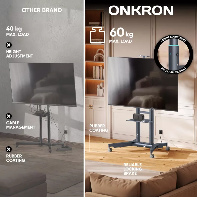 ONKRON TS1571-G mobiilne TV alus 32-75 tolli teleritele, 50 kg kandevõime, grafiithall, reguleeritava kõrgusega