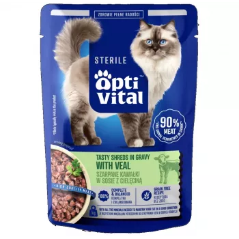 OPTIVITAL Sterile Tasty Shreds in Gravy with Veal - märg kassitoit - 85g