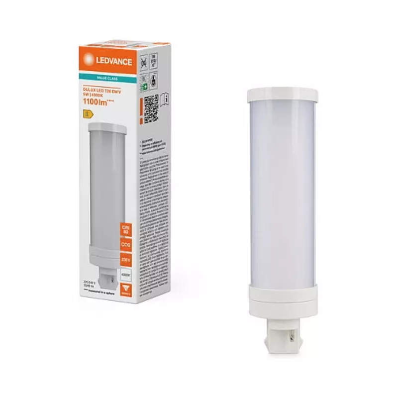 OSRAM DULUX T26 EM V 9W/840 LED-retrofitlamp, GX24d-3, 1100 lm, 4000 K külm valge, 9W (asendab 26W CFL-i)