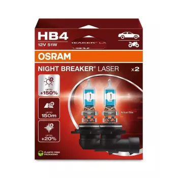 OSRAM Night Breaker Laser HB4 (komplekt 2 tk) - 12V 51W P22d halogeen esitulede pirnid, kuni 150% suurem heledus, 150m valgusvihk, 20% valgem valgus, valge