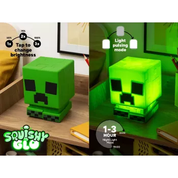 Paladone Minecraft Creeper SquishyGlo silikoonvalgusti laetav – hämardatav roheline LED-öölamp 3 heledustasemega ja Micro USB laadimisega