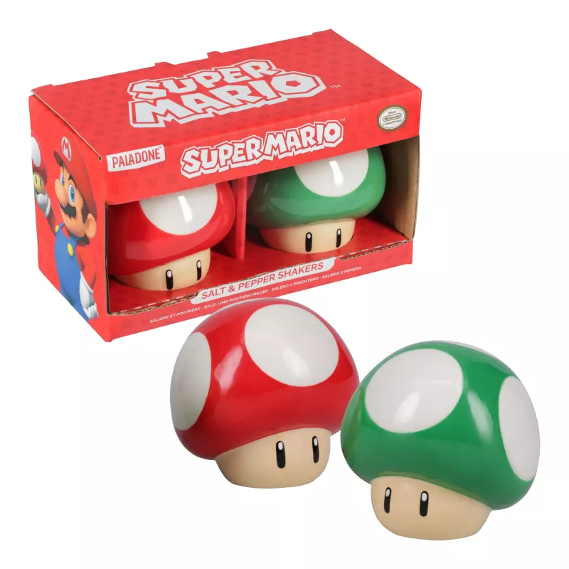 Paladone Super Mario Mushroom soola- ja pipratoos (punane Super Mushroom ja roheline 1-Up Mushroom)