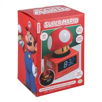 Paladone Super Mario Super Mushroom ikoon äratuskell - digitaalne LCD, USB-toitega, ametlikud Nintendo heliefektid, punane/valge