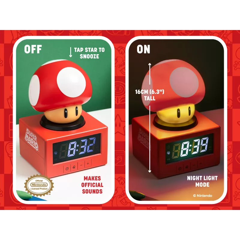 Paladone Super Mario Super Mushroom ikoon äratuskell - digitaalne LCD, USB-toitega, ametlikud Nintendo heliefektid, punane/valge