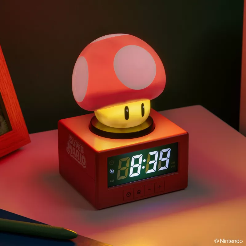 Paladone Super Mario Super Mushroom ikoon äratuskell - digitaalne LCD, USB-toitega, ametlikud Nintendo heliefektid, punane/valge
