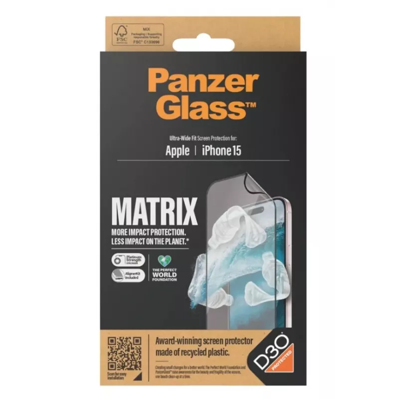 PanzerGlass MATRIX ekraanikaitse D3O-ga iPhone 15-le | Ultra-Wide Fit ja AlignerKit