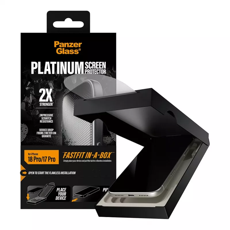 PanzerGlass Platinum ekraanikaitse iPhone 17 Pro jaoks FastFit paigaldusraamiga