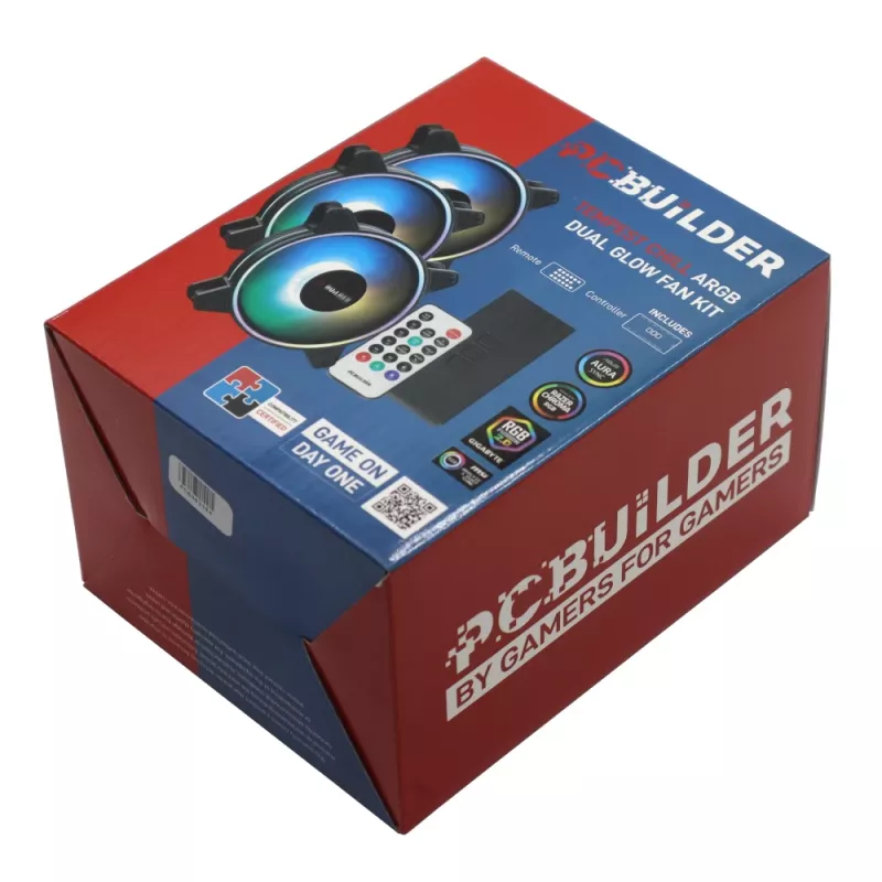 PCBuilder Tempest Chill Ventilaatorikomplekt 3x120mm Dual Glow ARGB ventilaator + kontroller + RF-pult