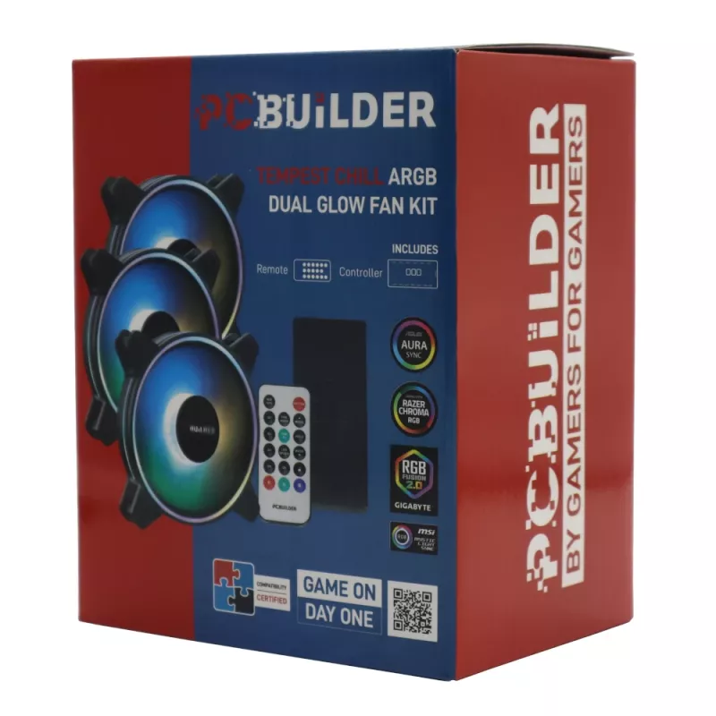 PCBuilder Tempest Chill Ventilaatorikomplekt 3x120mm Dual Glow ARGB ventilaator + kontroller + RF-pult