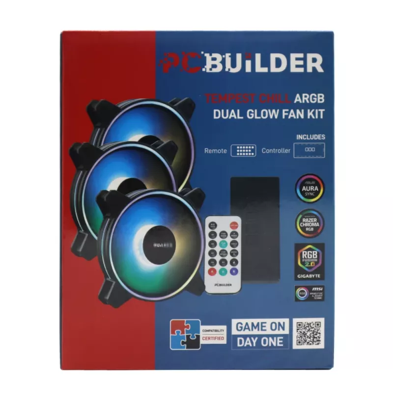 PCBuilder Tempest Chill Ventilaatorikomplekt 3x120mm Dual Glow ARGB ventilaator + kontroller + RF-pult