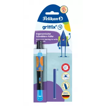 Pelikan griffix® vasakukäelistele mõeldud täitesulepea - neoonmust - sinine tint - kassettisüsteem - plastkere - roostevabast terasest otsik - vasakukäeline (820356)
