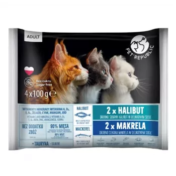 PETREPUBLIC Adult hiidlest ja makrell märg kassitoit – 4x100g kotikesed