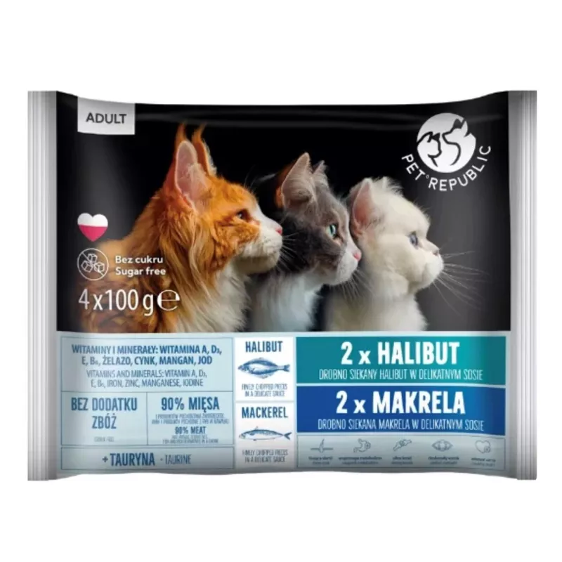 PETREPUBLIC Adult hiidlest ja makrell märg kassitoit – 4x100g kotikesed