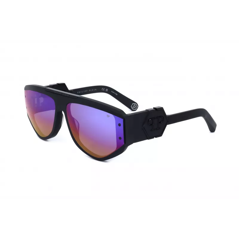 PHILIPP PLEIN SPP093M-703V Meeste ruudukujulised pilootpäikeseprillid, must atsetaatraam, hallid polükarbonaat läätsed, UV400 kaitse, 65/16/145 mm