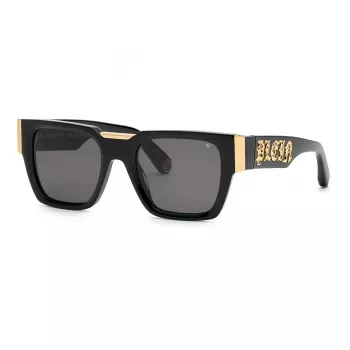 PHILIPP PLEIN SPP095M520700 Meeste ruudukujulised päikeseprillid musta atsetaatraamiga, hallid läätsed, UV400, 52/21/145 mm