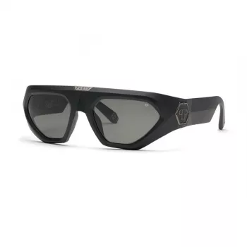 PHILIPP PLEIN SPP153-580U28 Meeste ristkülikukujulised päikeseprillid, läikiv must atsetaatraam, suitsuhall polükarbonaat lääts, 58 mm