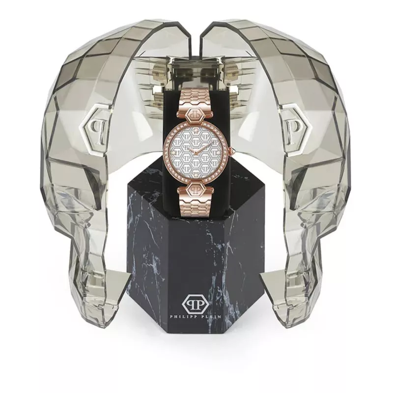 Philipp Plein naiste PWEAA0821 32mm roostevabast terasest kvartskell musta kolju sihverplaadiga
