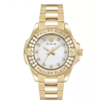 Philipp Plein naiste The $kull kvartskell 38mm roostevabast terasest musta sihverplaadiga silikoonrihm PWOFA0725
